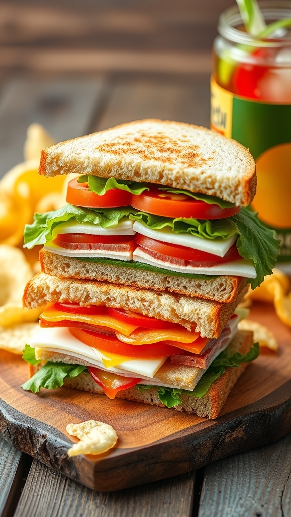 A colorful turkey and cheese sandwich on a wooden board with chips.
